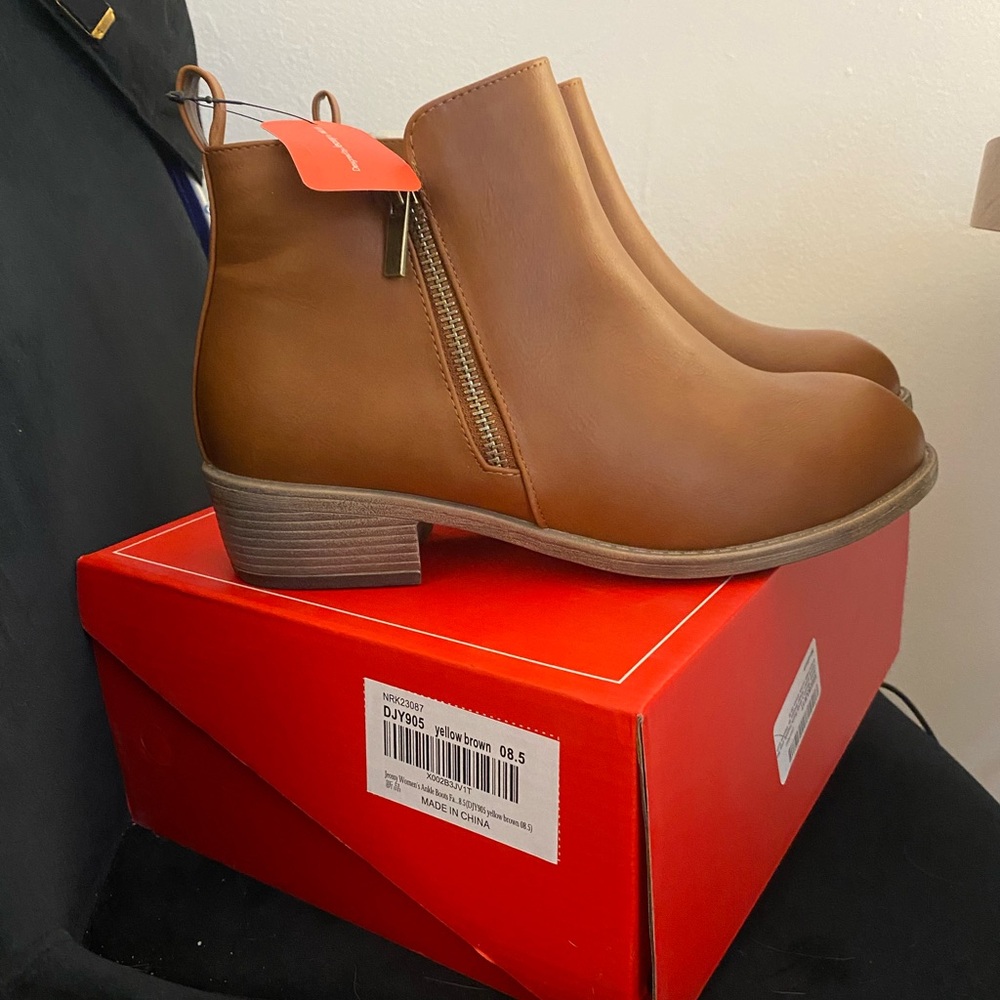 brown faux leather boots with small heel